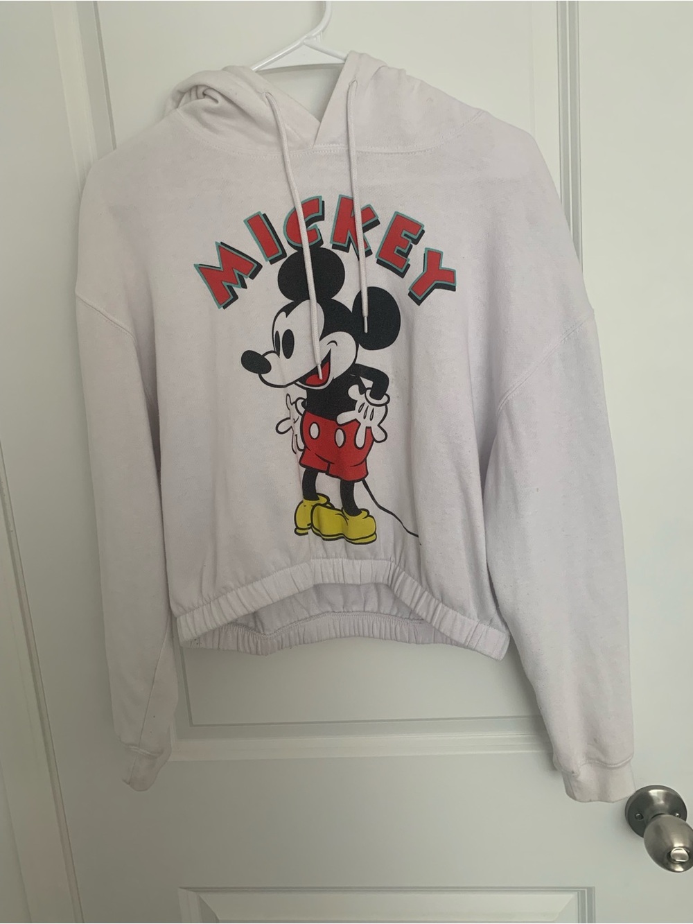 Disney White Cropped Mickey Graphic Hoodie Sweatshirt